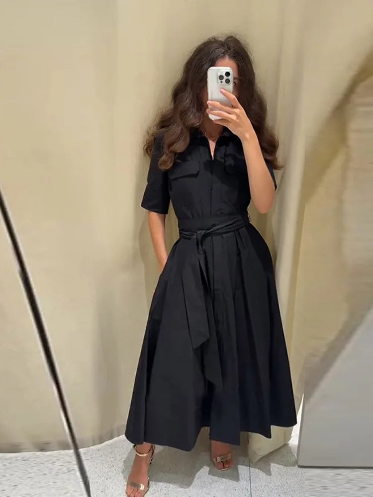 V-Neck Short Sleeve Belted Pleated Lapel Slim A-Line Ankle-Length Maxi Dress | Elegant Club Dress