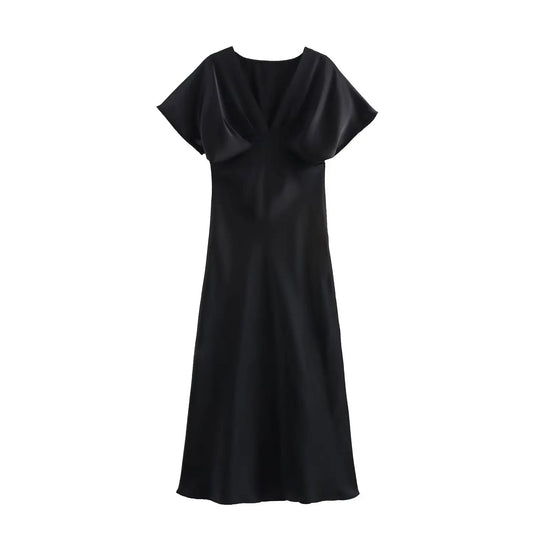 Women's Elegant Solid Satin Midi Dress | Sexy V-Neck Short Sleeve Evening Gown | New Fashion Summer Lady Holiday Party Dress | Premium Slim Fit Straight Vestido Model NZA23148 Luxegan