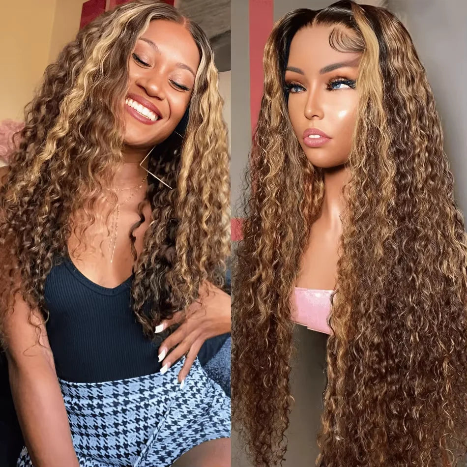 Honey Blonde Highlight Water Wave Wig | Sophisticated 13x6 & 13x4 HD Transparent Lace | Elegant "Brazilian Remy" 26+ Inch Length | "Dignified" Pre-Plucked Deep Wave Human Hair for Radiant Versatile Styling Luxegan