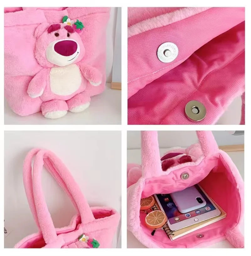 New Cartoon Plush Doll Shoulder Bag | Sweet and Cute Stitch Strawberry Bear Soft Cute Girls Handbag Luxegan