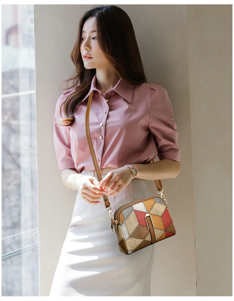 Color Block Square Crossbody Bag | Casual PU Leather Double Zipper Purse Luxegan