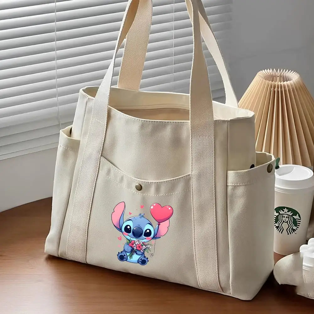 Lilo & Stitch Large Canvas Tote Bag | College Style Commuter & Student Shoulder Bag | Cartoon Shopping Handbag (Unisex) Luxegan