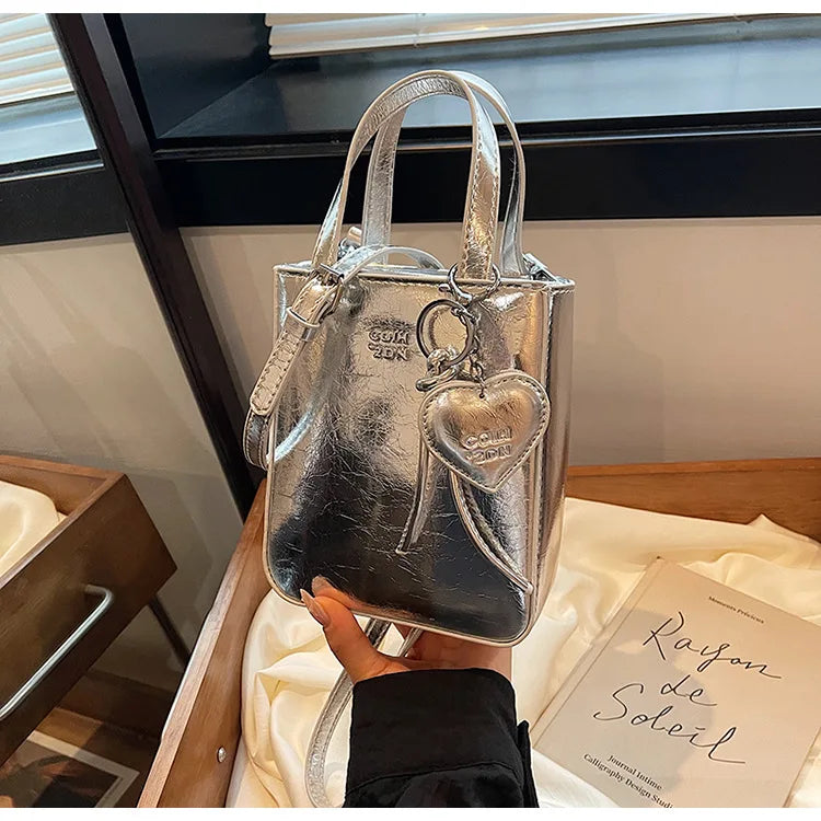 New Trend Korean PU Leather Shoulder Bag | Sophisticated Silver Mini Small Square Bag | Elegant High-Quality Crossbody Handbag | "Dignified" Metallic Fashion Purse for High-Street Styling Luxegan