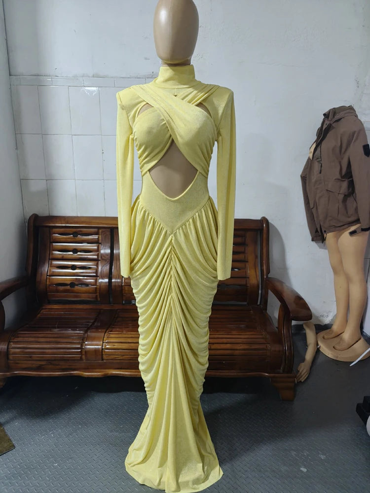 High Neck Long Sleeve Hollow-Out Ruched Fit & Flare Maxi Dress | Sexy Streetwear Party Birthday Dress Luxegan