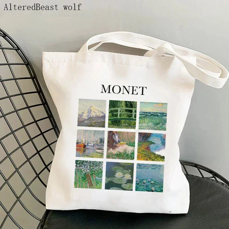 Monet Water Lilies Canvas Shoulder Bag | Sophisticated Kawaii Harajuku Shopping Tote | Elegant Art-Inspired Shopper Handbag | "Dignified" Durable Square Purse for Versatile Daily Styling Luxegan