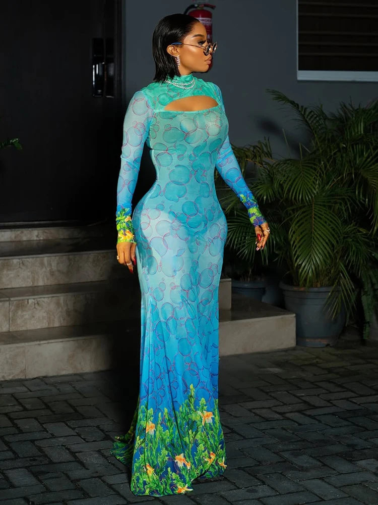 See-Through Hollow Out Print Fishtail Bodycon Maxi Dress | Skinny Stretch Sexy Club Party Dress Luxegan