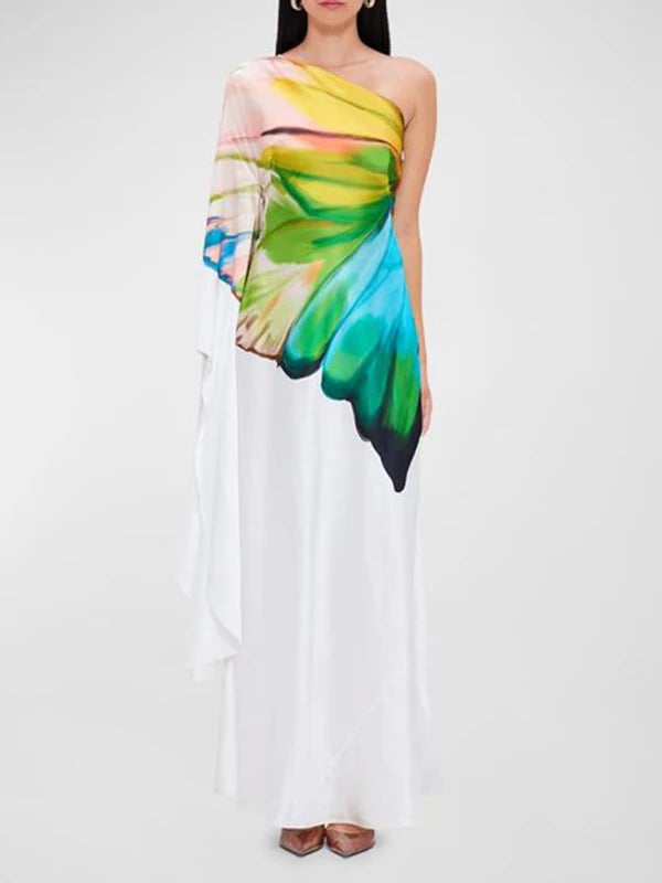 Flower Printed Elegant Evening Dress | Sophisticated One-Shoulder Maxi Silhouette | Elegant "Ankle-Length" High Waist Gown | "Dignified" Asymmetrical Pleated Design for Radiant Versatile Styling Luxegan