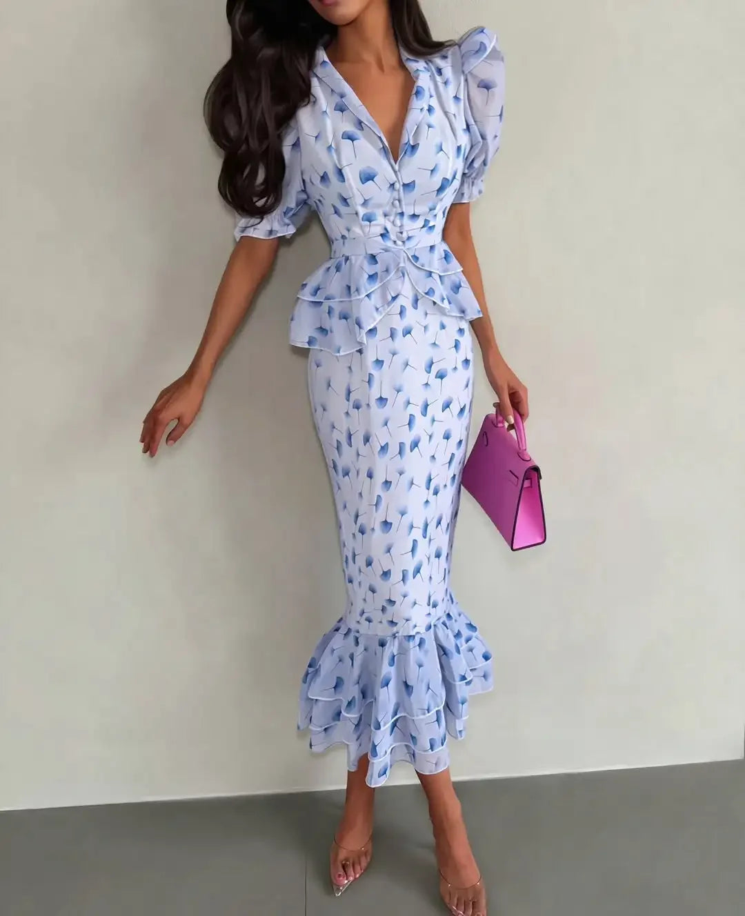 Women's Printed V-Neck Fit & Flare Dress Luxegan