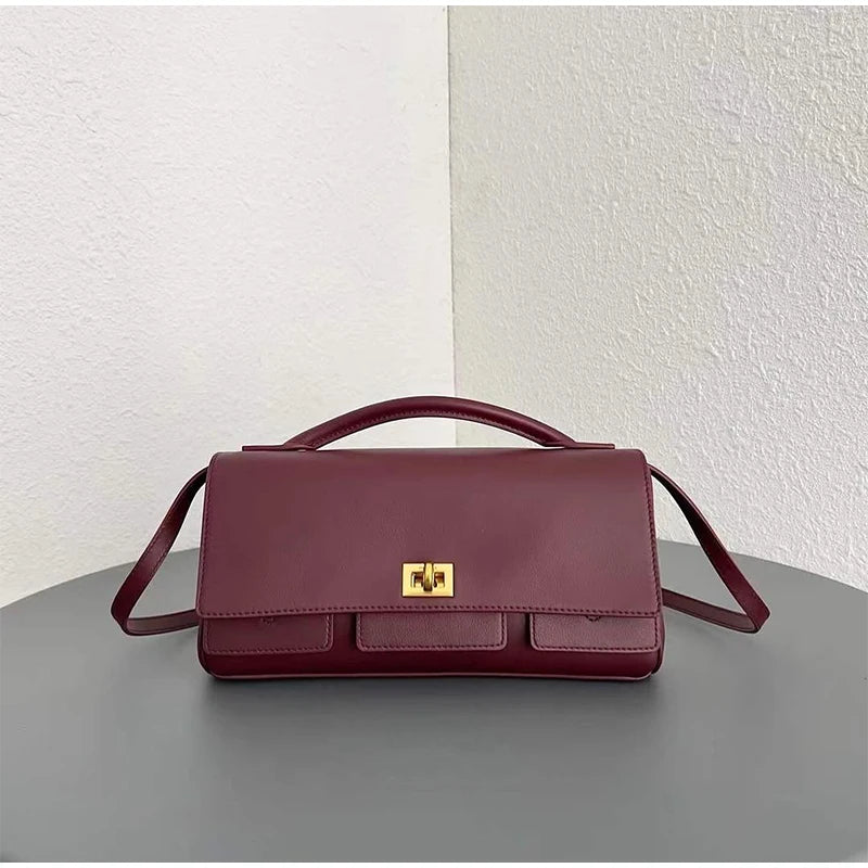 Genuine Leather Solid Satchel | Soft Black Lock Design Shoulder Crossbody Bag Luxegan