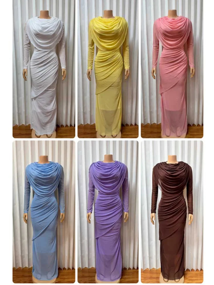 Solid Round Neck Long Sleeve Draped Detail Regular Fit Sheath Ankle-Length Mesh Dress – Natural Waist, Spring/Summer Luxegan