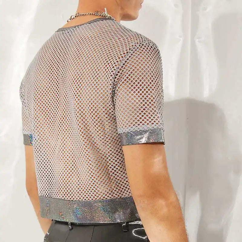 Men’s Mesh Patchwork See-Through T-Shirt | Sophisticated "Short Sleeve" Crop Top Silhouette | Elegant "Grey" Nightclub Camiseta | "Dignified" High-Performance Streetwear for Radiant Versatile Styling Luxegan