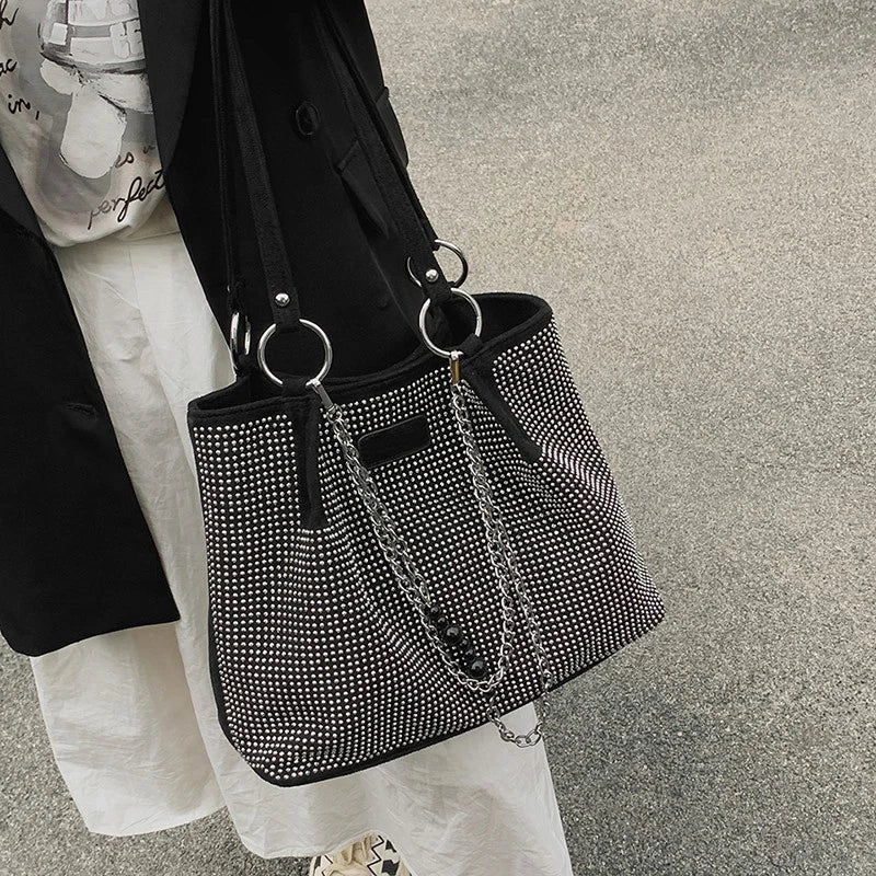 Women's Luxury Design Shopper Tote | Large-Capacity PU Leather Rhinestone Handbag Luxegan