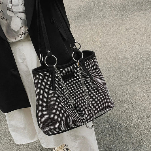 Women's Luxury Design Shopper Tote | Large-Capacity PU Leather Rhinestone Handbag Luxegan