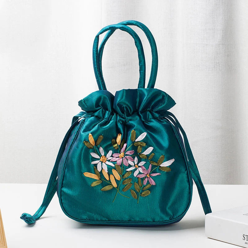 Bolsos Retro Bordados con Cordón Bolsas de Almacenamiento Carteras Monederos Tarjeteros Bolsos de Hombro Tipo Cubo Bolsos de Muñeca