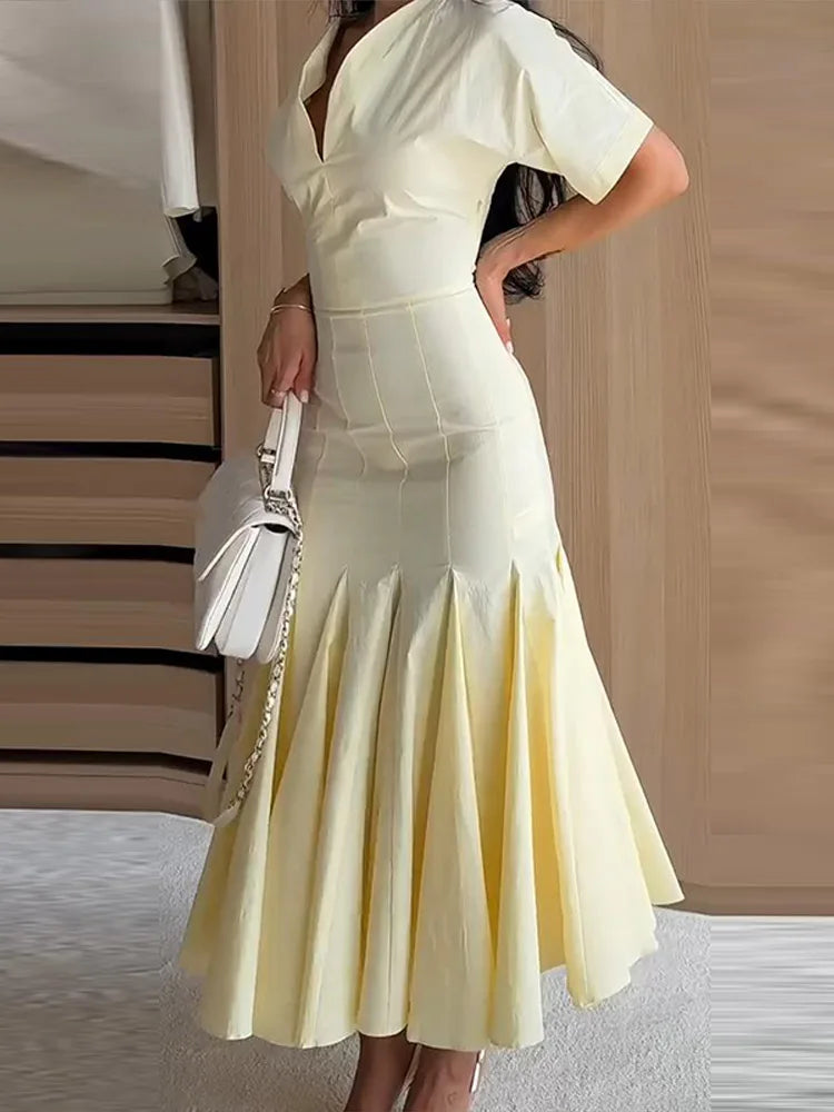 Solid V-Neck Short Sleeve Slim Fit Pleated Empire Waist Ankle-Length Dress – All Season Luxegan