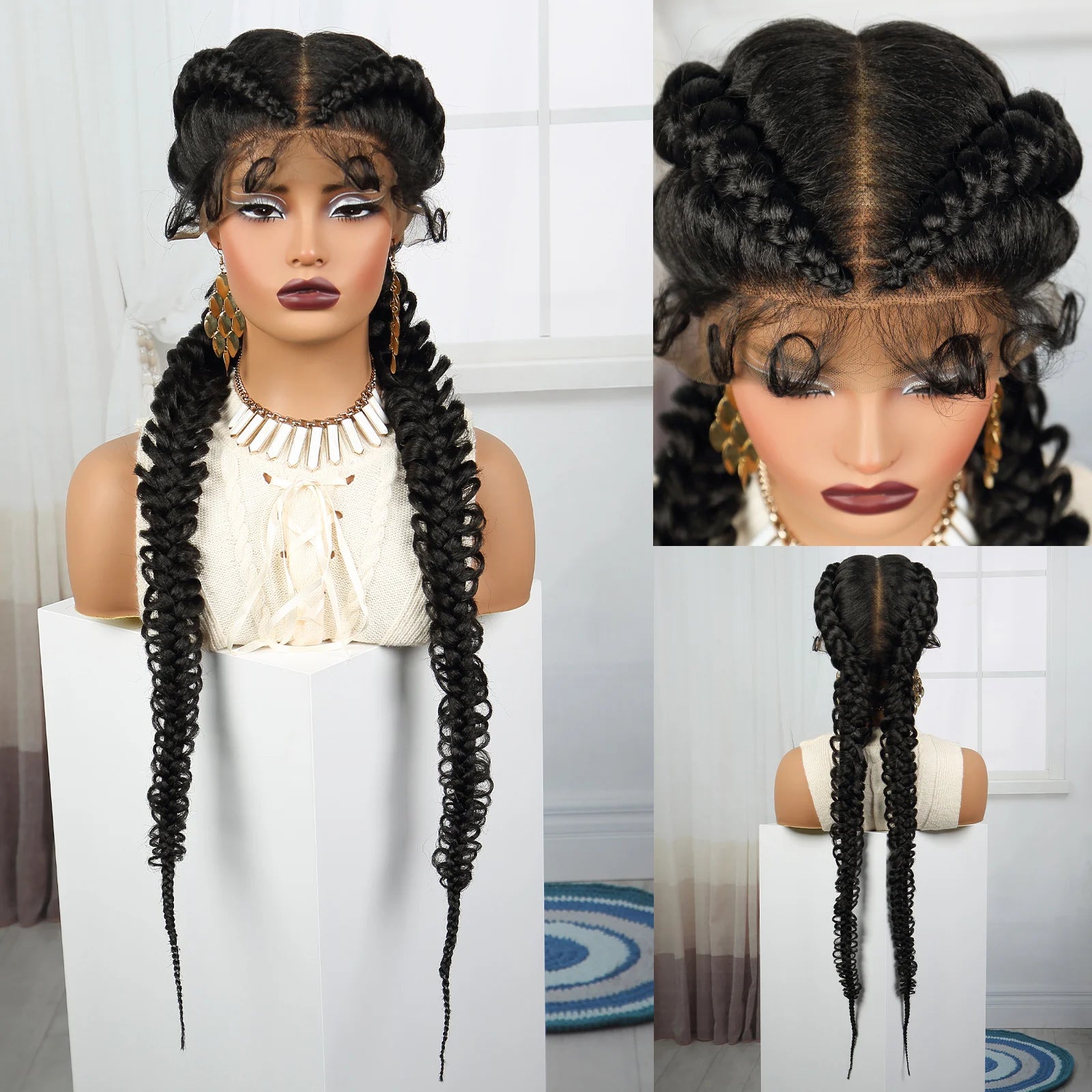 36" Burgundy Twist Cornrow Braids Wig | 99J | Lace Frontal | Baby Hair Luxegan