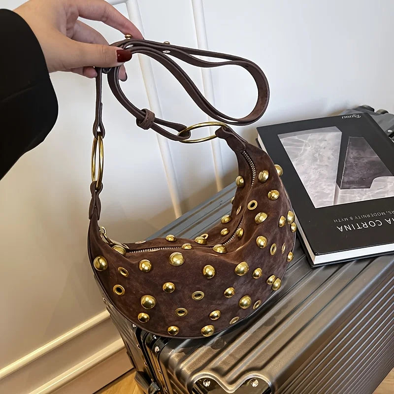 Women's Trendy Punk Style Rivet Crescent Bag | Premium Faux Suede Crossbody Handbag | New Arrival Luxury Half-Moon Shoulder Purse | Soft Gothic Hobo Bag with Polyester Lining Luxegan