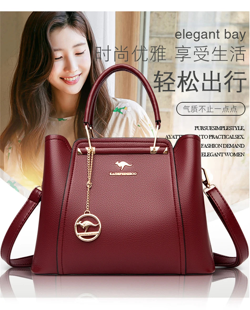 Luxury Women’s Designer 3-Layer Shoulder Bag | Large Capacity Microfiber Leather Crossbody | Sophisticated Shopper Tote with Kangaroo Logo & Pendant | Fashion-Forward Multi-Compartment Messenger Luxegan