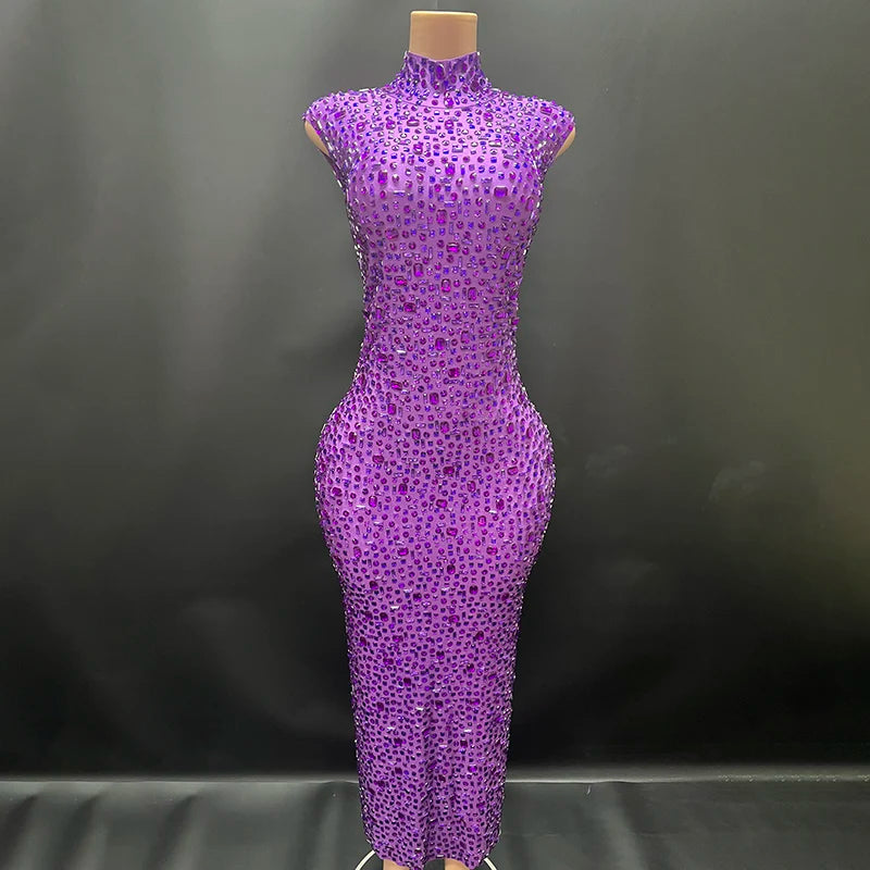 Luxurious Rhinestone Celebration Party Dress | Sparkling Couture Baby Shower Gown | One-Shoulder Turtleneck Medium-Stretch Sheath Dress Luxegan