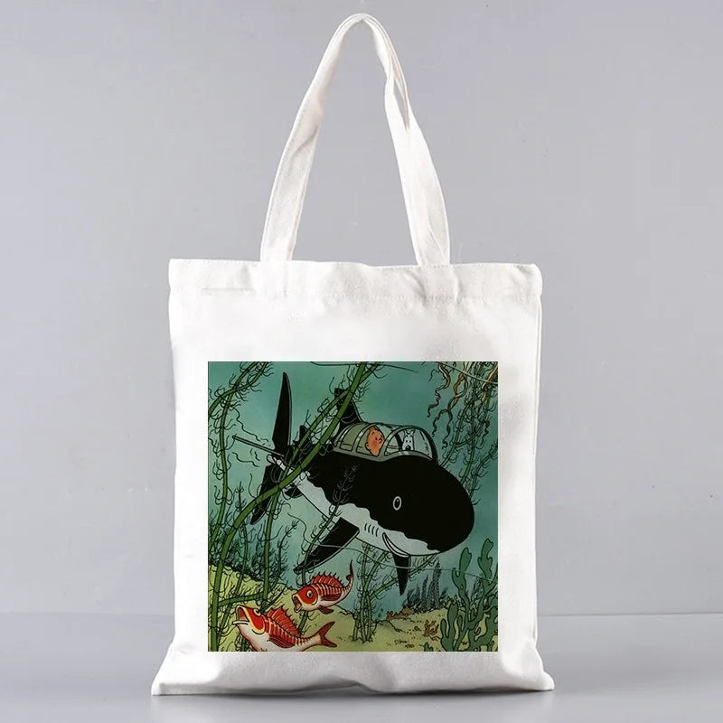Soft Tintin Cartoon Canvas Large Capacity Tote | Open-Top Shopping Bag Luxegan