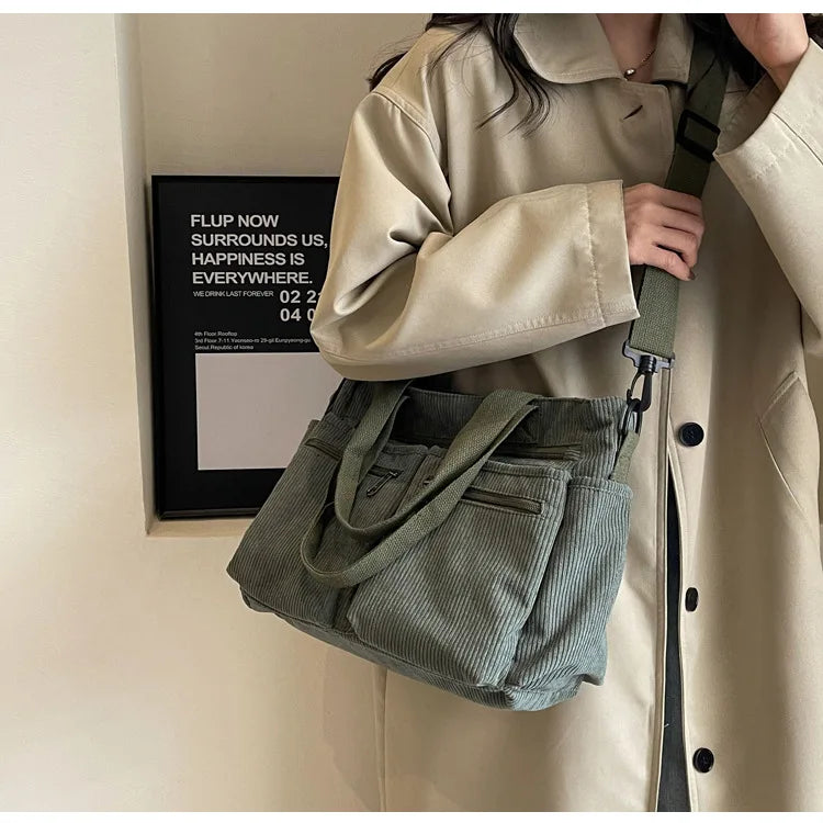 Female Large Capacity Corduroy Tote Bag | New Korean Style Fashion Women's Shoulder Crossbody Bag (Worker Commuter Handlebag)