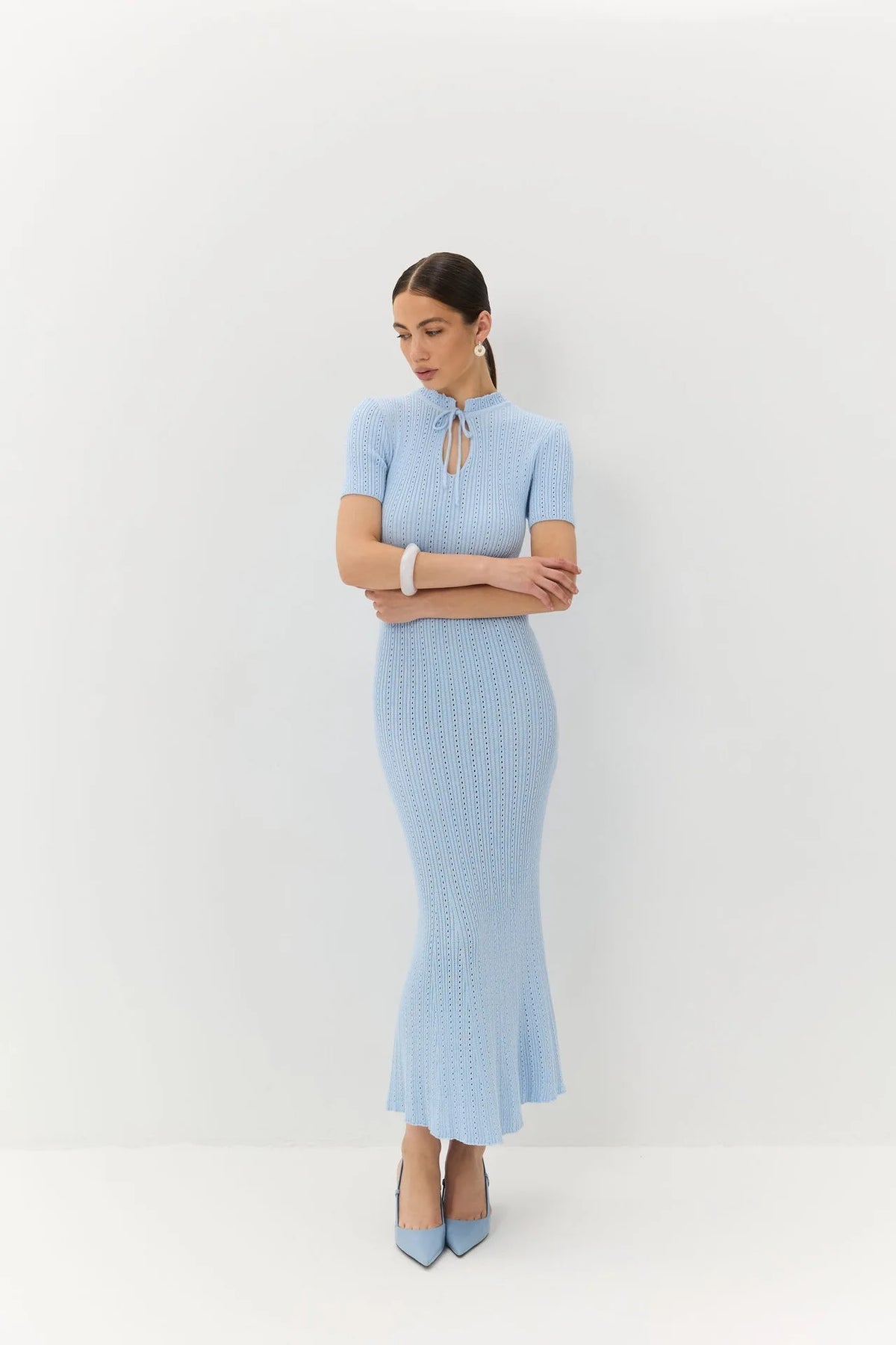 Knit Lace-Up V-Neck Short Sleeve Straight Ankle-Length Dress – Hollow-Out, High Stretch, Summer Luxegan