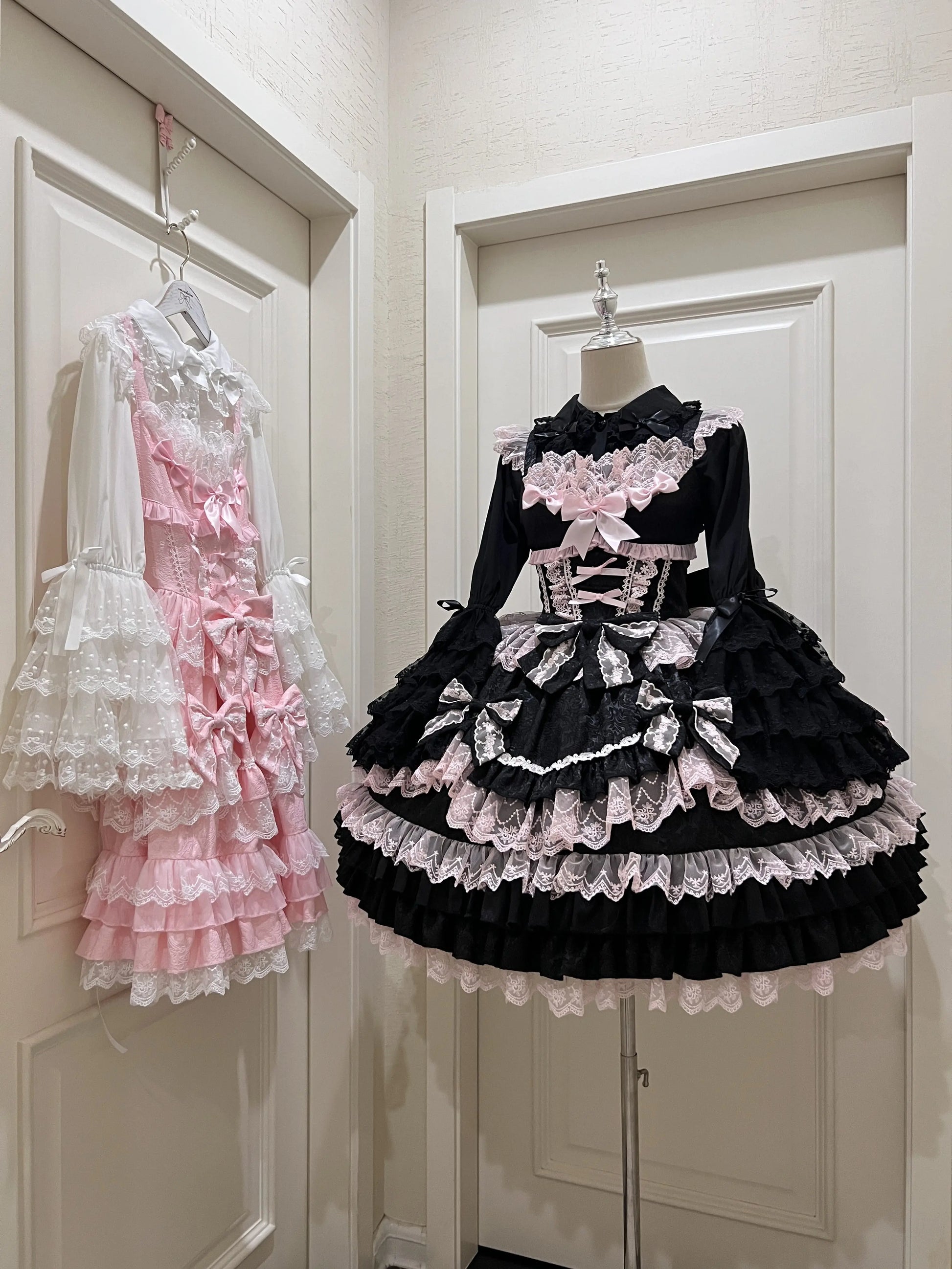 Women's Sweet Lolita JSK Suspender Dress Set | Original Doll Feeling Princess Fairy Mini Gown | Elegant Lace Bow Spaghetti Strap Cake Dress | Premium Tatting Slight Stretch Empire Waist Vestido Luxegan