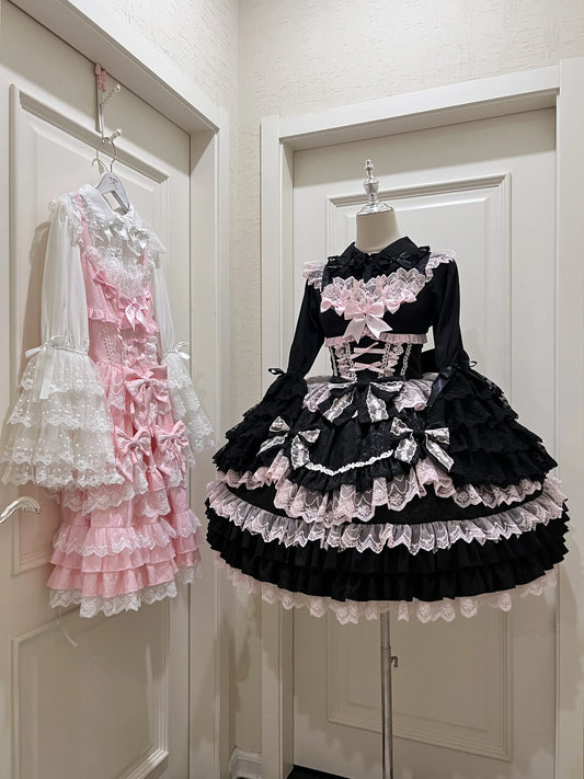 Women's Sweet Lolita JSK Suspender Dress Set | Original Doll Feeling Princess Fairy Mini Gown | Elegant Lace Bow Spaghetti Strap Cake Dress | Premium Tatting Slight Stretch Empire Waist Vestido Luxegan