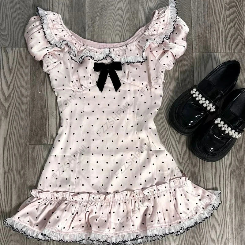 Solid Lace Bow Mini Dress | Sweet Casual Y2K Streetwear Top | Sexy Rock Aesthetic Retro Punk Harajuku Hop Clothing | Premium Knit Slim Fit Knee-Length Sheath Luxegan