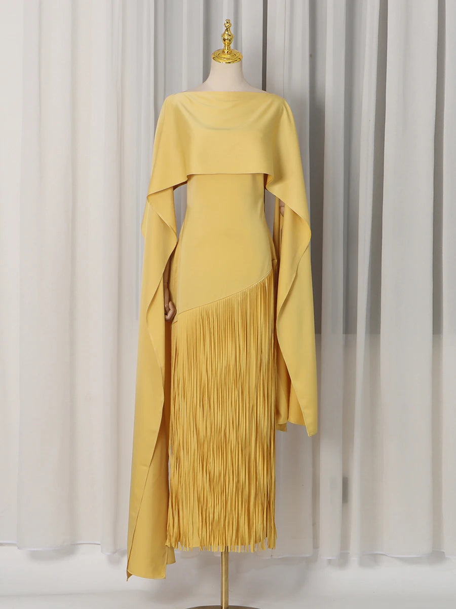 Solid Loose Spliced Tassel Chic Dress for Women | Luxury Elegant O-Neck Summer Maxi Dress | Premium Slight-Stretch Regular Fit Vestido | Model KDRP540319 Sleeveless Ankle-Length A-Line Gown Luxegan