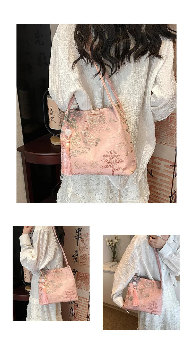 New Chinese Style Retro Silk Jacquard Bag | Sophisticated Minimalist Fashion Shoulder Bag | Elegant Single Strap Diagonal Crossbody | Luxury Silk Women’s Square Handbag with Smart Interior Luxegan