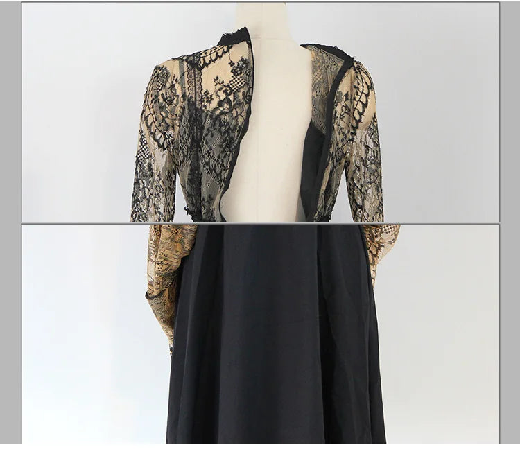 Patchwork Lace O-Neck Full-Length Sleeve Regular Fit A-Line Ankle-Length Dress – Slight Stretch Mesh-Lace, Natural Waist, Spring/Summer Luxegan