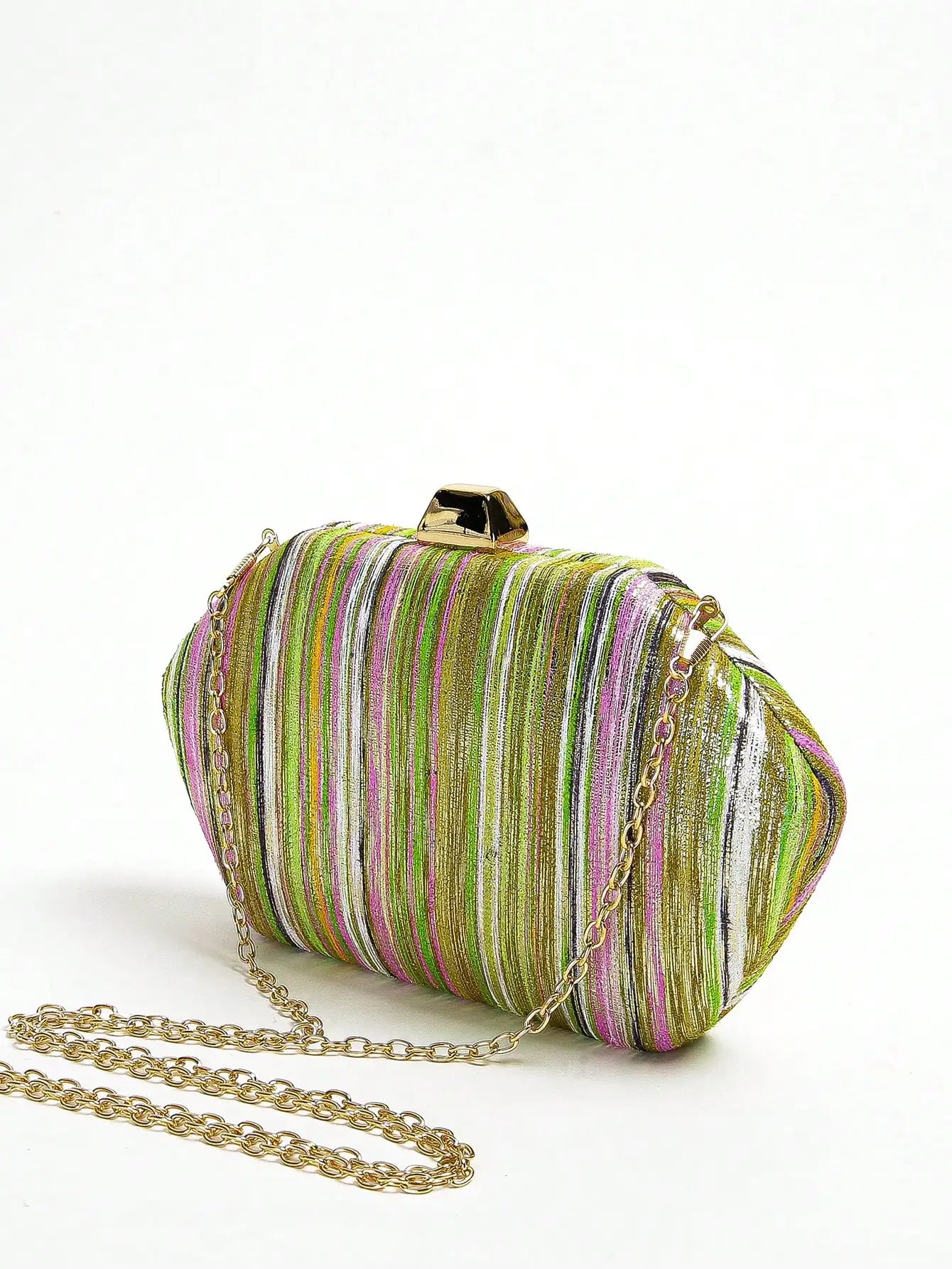 Colorful Stripe Sparkling Clutch Bag | Fashionable Rainbow Design Crossbody Purse | Sparkling Multi-Color Party Handbag | Trendy Striped Evening Bag with Chain Strap Luxegan