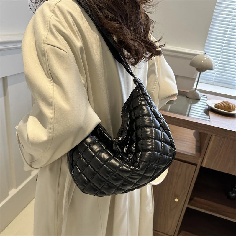 Fashion Nylon Padded Handbags Female | Large Capacity Top-Handle Bags & Solid Color Crossbody Bags (Winter Down Women Shoulder Bags) Luxegan
