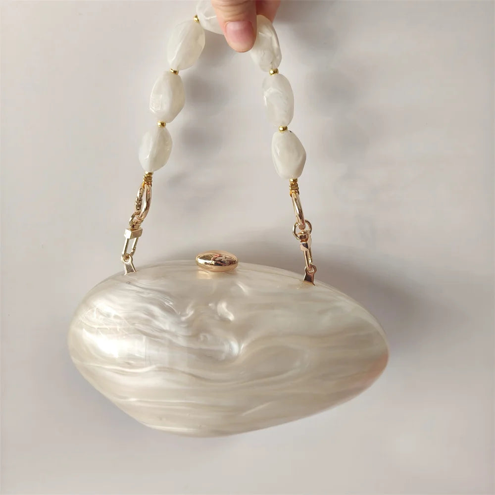 Oval Marble Beige Shell Acrylic Luxury Elegant Lady Evening Bag | Cute Handbag & Wedding Girl Female Mini Purse Luxegan