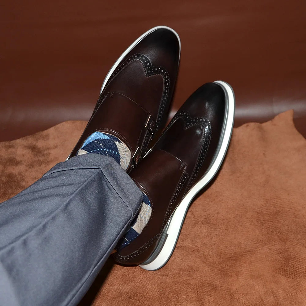 Classic European Luxury Monk Strap Sneakers | Sophisticated Double Buckle Wingtip Brogue | Elegant "Genuine Cow Leather & Suede" Silhouette | "Dignified" Sheepskin Insole & Non-Slip Rubber for Radiant Versatile Styling Luxegan