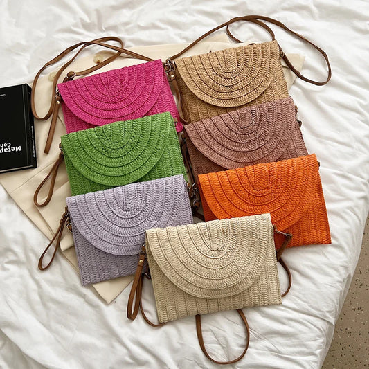 Handmade Woven Straw Envelope Clutch | Sophisticated Fur-Accent Shoulder Bag | Elegant Summer Crossbody Purse | "Dignified" Soft Beach Handbag for Versatile Vacation Styling Luxegan