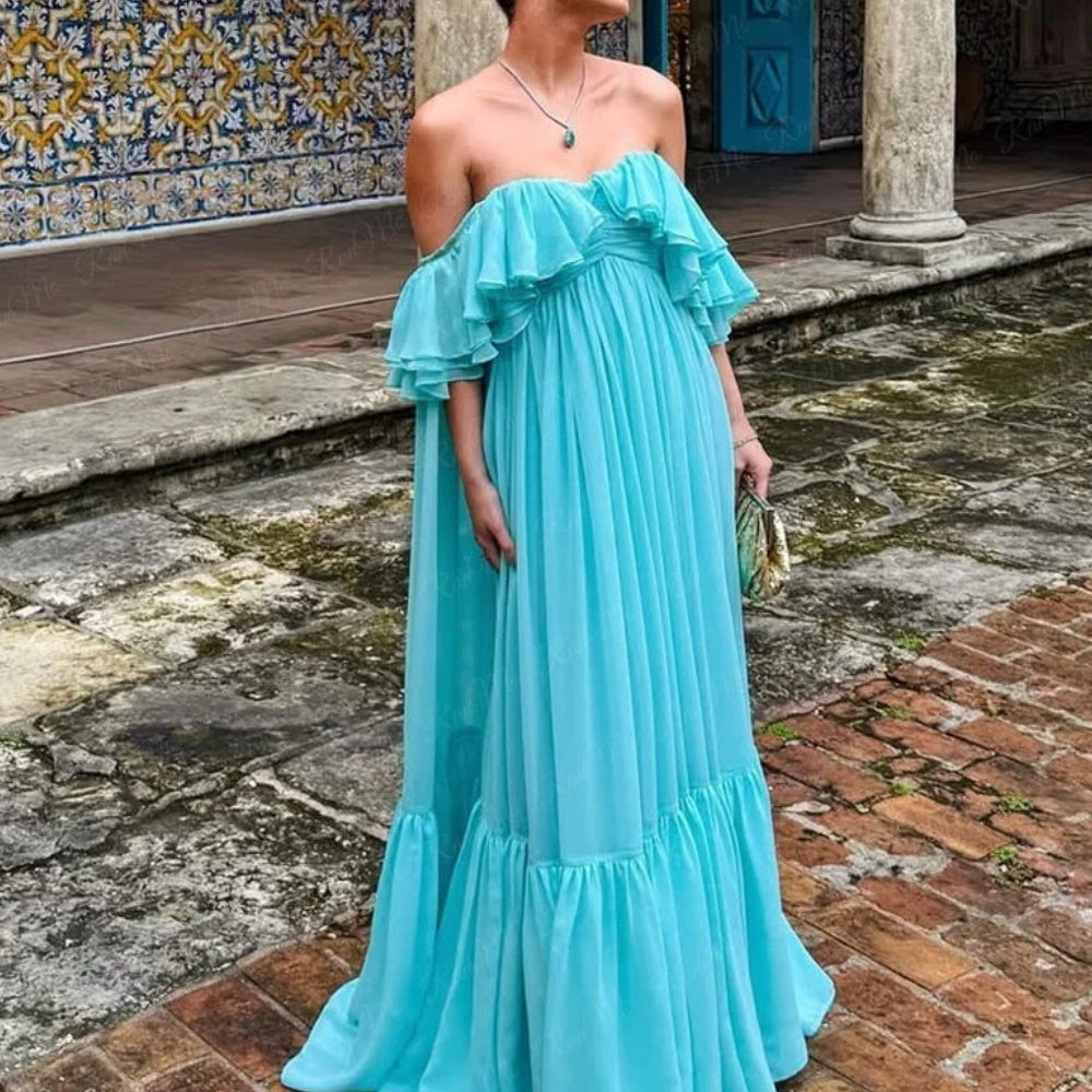 New Off-Shoulder Ruffle Prom Gown | Elegant Chiffon Wedding Guest Dress | Strapless A-Line Floor-Length Summer Formal Evening Party Dress Luxegan