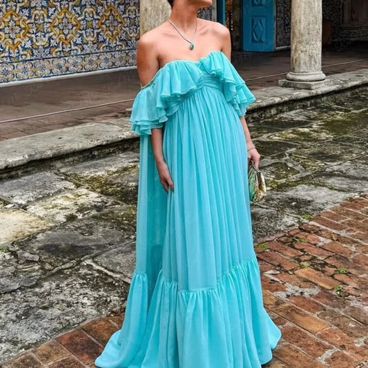 New Off-Shoulder Ruffle Prom Gown | Elegant Chiffon Wedding Guest Dress | Strapless A-Line Floor-Length Summer Formal Evening Party Dress Luxegan