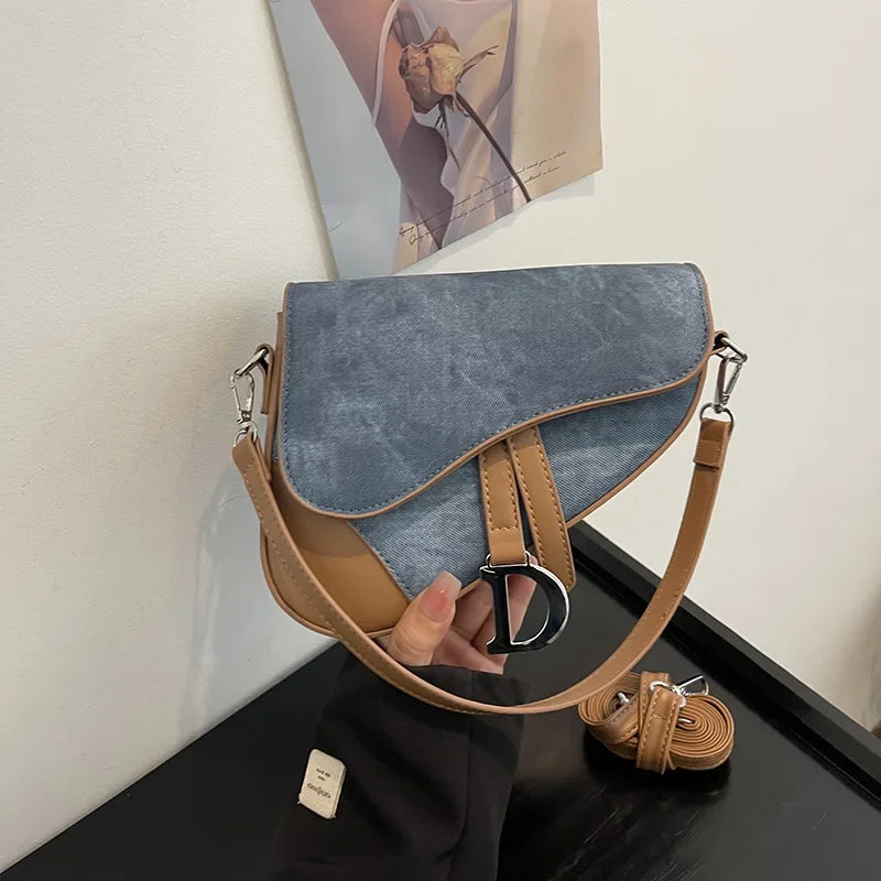 Denim-Look Contrast Saddle Bag | Fashionable Box Messenger Purse Luxegan