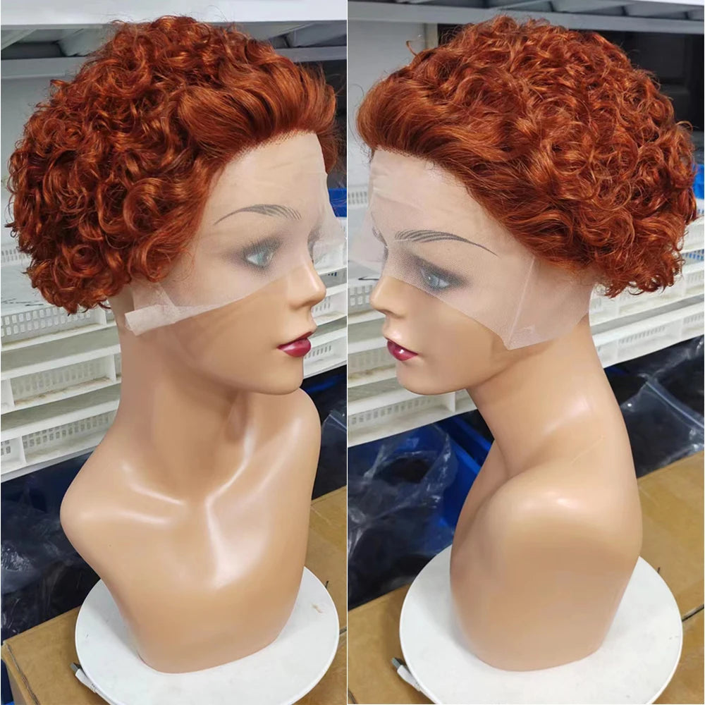 Vibrant Orange Pixie Cut Short Bob Wig - 13x4 Transparent Lace Frontal Human Hair Wig - French Curl Pre-Plucked Brazilian Remy Hair Wig for Women (6 Inch, Glueless) Luxegan