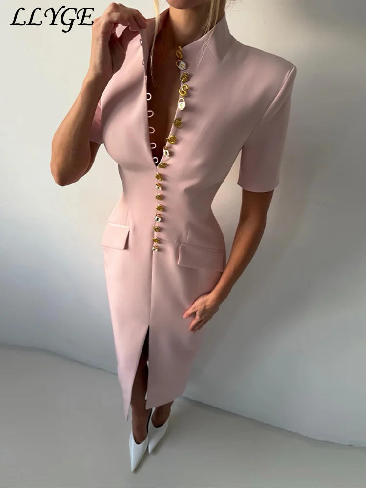 Elegant Solid Buttons Long Dress Women Waist Cinched Shoulder Pads High Collar Slit Dresses 2026 Spring Summer Lady Party Robes