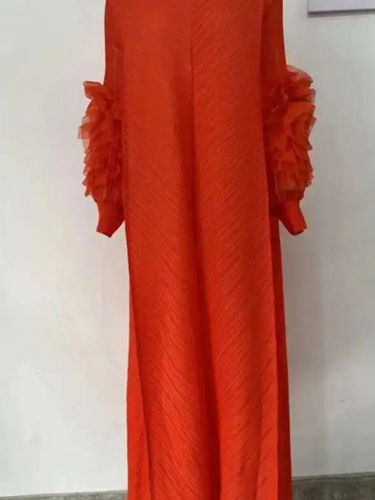 Pleated Lettuce Hem Maxi Dress | Turtleneck Full Sleeve Loose A-Line Casual Dress Luxegan