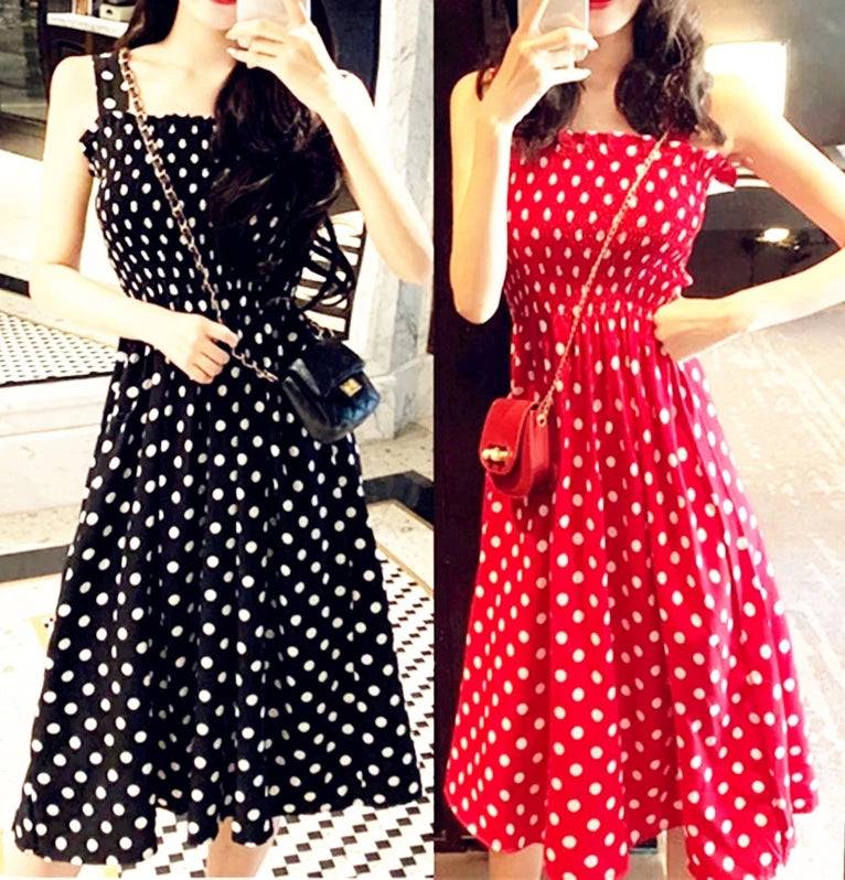 Summer Befree Beach Vintage Dot Camisole Dress | Elegant Ruffle Mid-Calf Maxi Dress | Sexy Strapless Cotton Blend Fit & Flare Vestidos | Casual High-Stretch Plus Size Dress Up to 5XL Luxegan