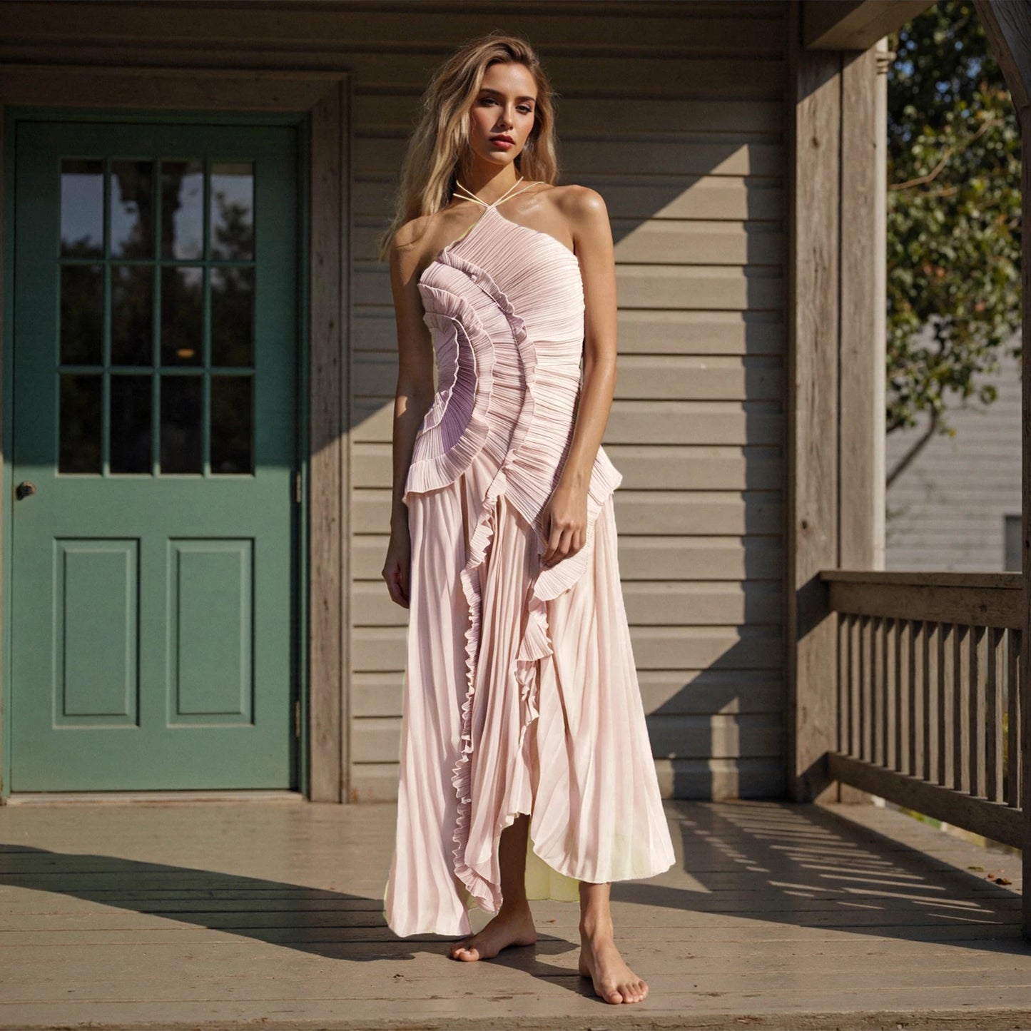 New Fashion Women's Ruffle Halter Maxi Dress | Summer Sleeveless Flowy Long Dress | Elegant Solid Color Loose A-Line Vestido | Trendy Y2K High-Waist Empire Regular Fit Ankle-Length Gown Luxegan