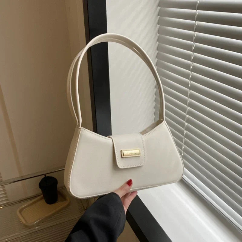 Minimalist Saddle Shoulder Bag | Sophisticated Simple Solid-Color Underarm Bag | Elegant Buckle-Detail Handbag | "Dignified" Structured Small Top-Handle Purse for Versatile Fashion Styling Luxegan