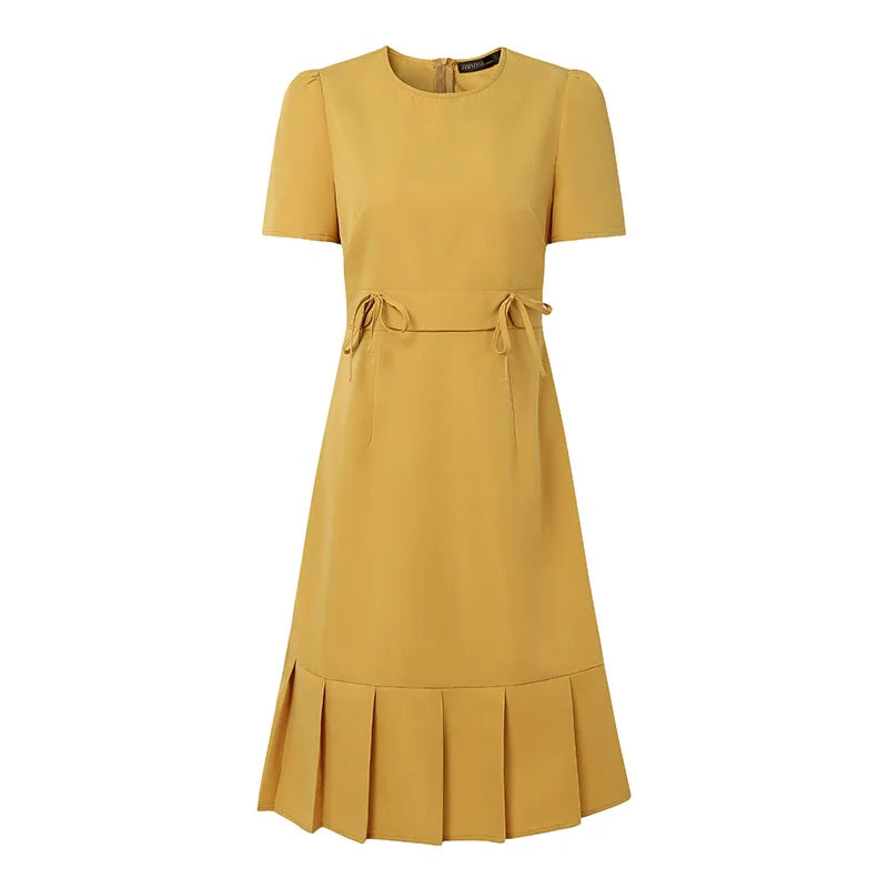 Solid Round Neck Short Puff Sleeve Regular Fit A-Line Knee-Length Dress – Natural Waist, Summer Luxegan
