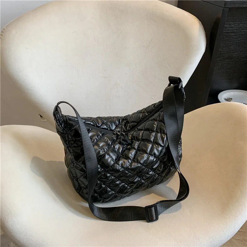 Fashion Nylon Padded Handbags Female | Large Capacity Top-Handle Bags & Solid Color Crossbody Bags (Winter Down Women Shoulder Bags) Luxegan