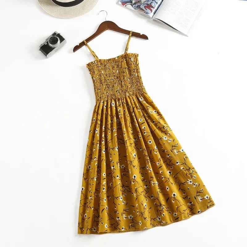 Floral Chiffon Spaghetti Strap Mini Dress | Ruffled Slash-Neck Elastic Waist Sundress | Tiered Spring/Summer Slim Fit A-Line Dress Luxegan