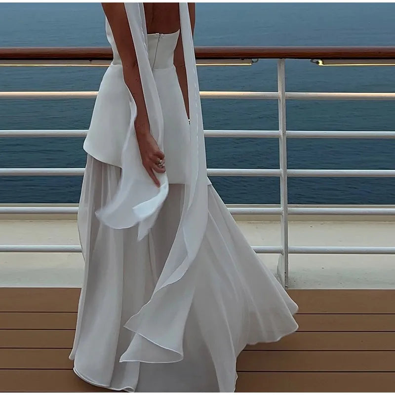Elegant White Mesh Splicing Slim Women Strapless Dress Chic Scarf Neck Off Shoulder High Waist Long Dresses Lady Party Robes